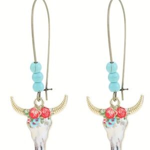 Turquoise Bead Bull Skull Drop Earrings with Floral Accent